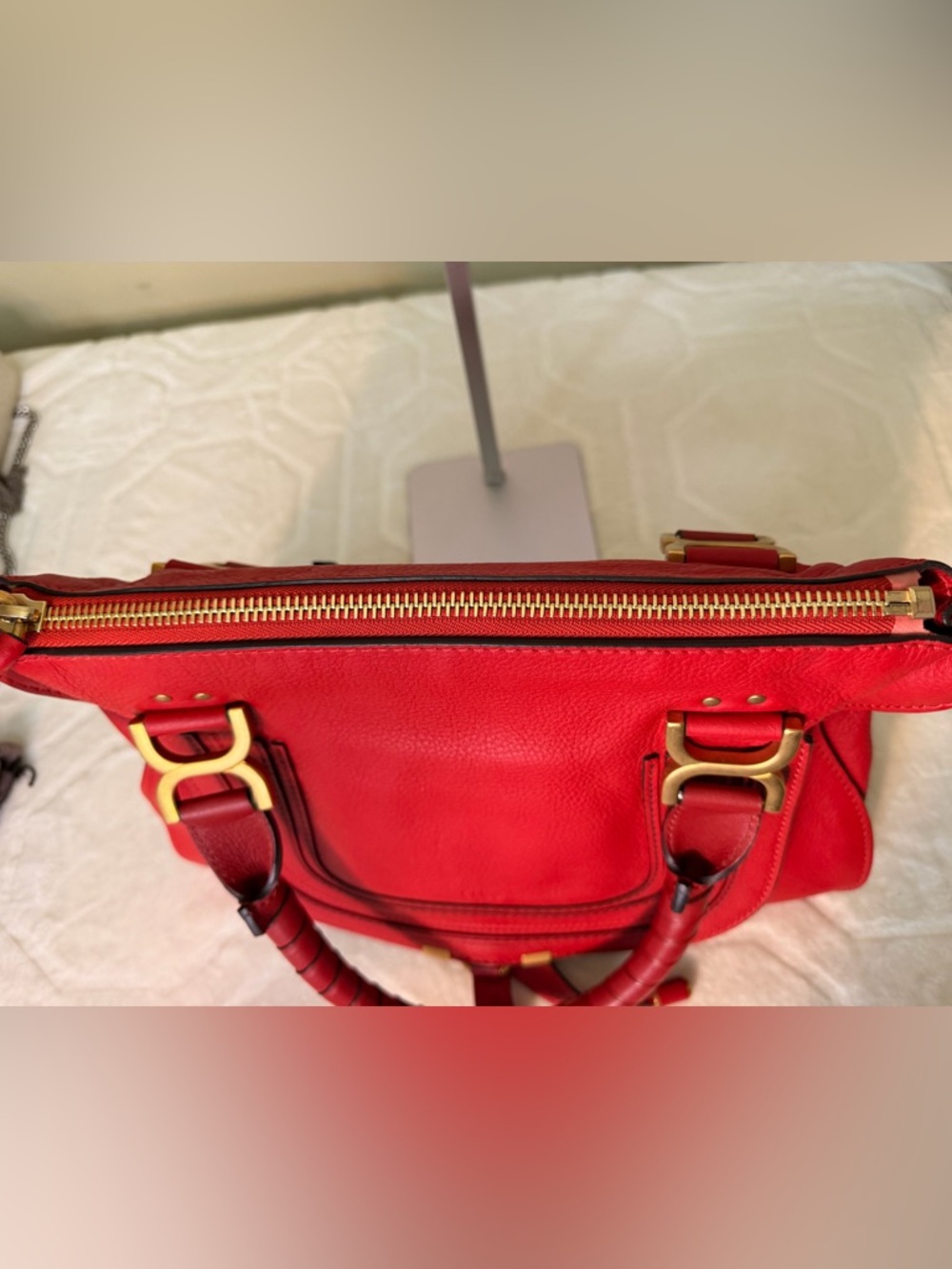 Chloe Red Pebbled Leather Medium Marcie Satchel with Gold Hardware - Picture 5 of 16